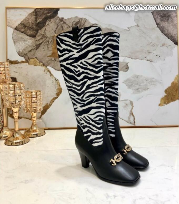 Best Grade Gucci Zumi Horsebit GG Animal Print Mid-Heel Knee High Boot 577652 White/Black