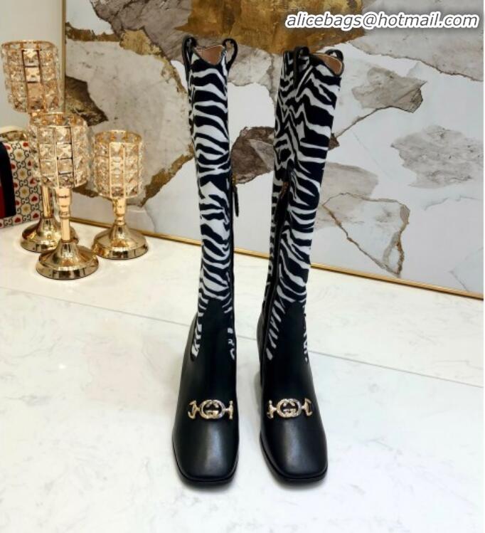 Best Grade Gucci Zumi Horsebit GG Animal Print Mid-Heel Knee High Boot 577652 White/Black