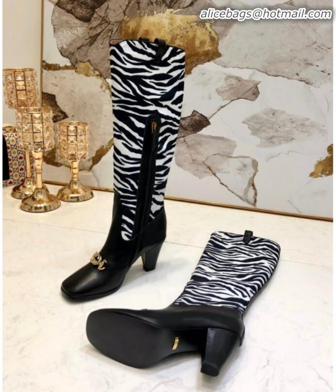 Best Grade Gucci Zumi Horsebit GG Animal Print Mid-Heel Knee High Boot 577652 White/Black