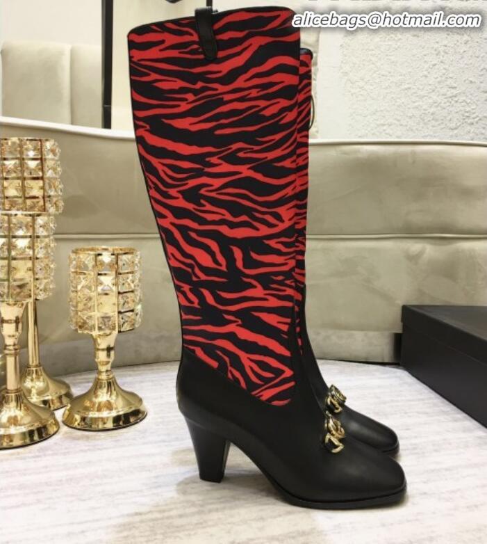 Top Quality Gucci Zumi Horsebit GG Animal Print Mid-Heel Knee High Boot 577652 Red