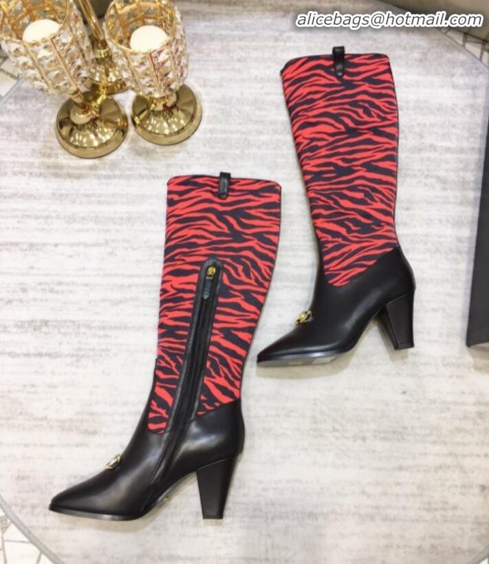 Top Quality Gucci Zumi Horsebit GG Animal Print Mid-Heel Knee High Boot 577652 Red