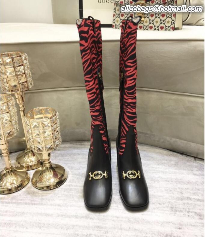 Top Quality Gucci Zumi Horsebit GG Animal Print Mid-Heel Knee High Boot 577652 Red