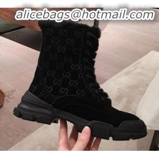 Discount Gucci Suede Wool Lace-up Flat Short Boots G12015 Black