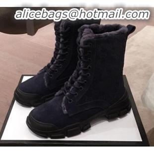 Best Price Gucci Suede Wool Lace-up Flat Short Boots G12015 Navy Blue