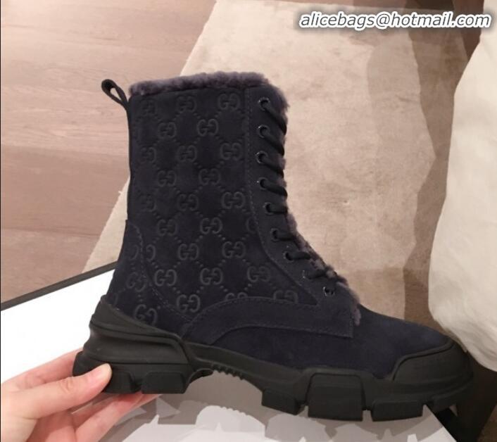 Best Price Gucci Suede Wool Lace-up Flat Short Boots G12015 Navy Blue