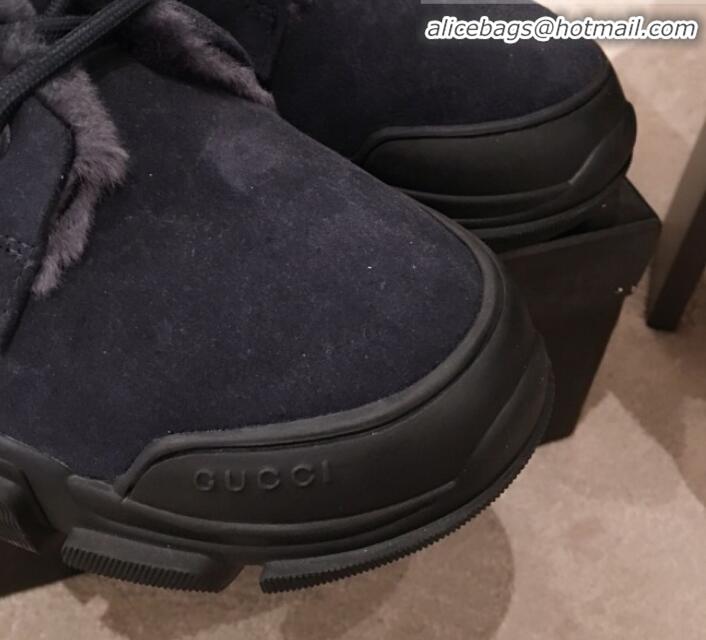 Best Price Gucci Suede Wool Lace-up Flat Short Boots G12015 Navy Blue