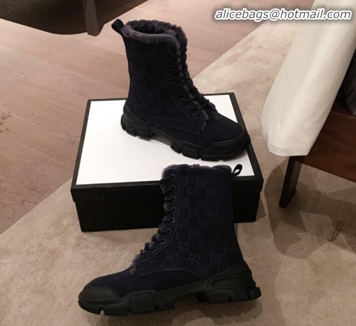 Best Price Gucci Suede Wool Lace-up Flat Short Boots G12015 Navy Blue