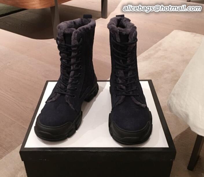 Best Price Gucci Suede Wool Lace-up Flat Short Boots G12015 Navy Blue