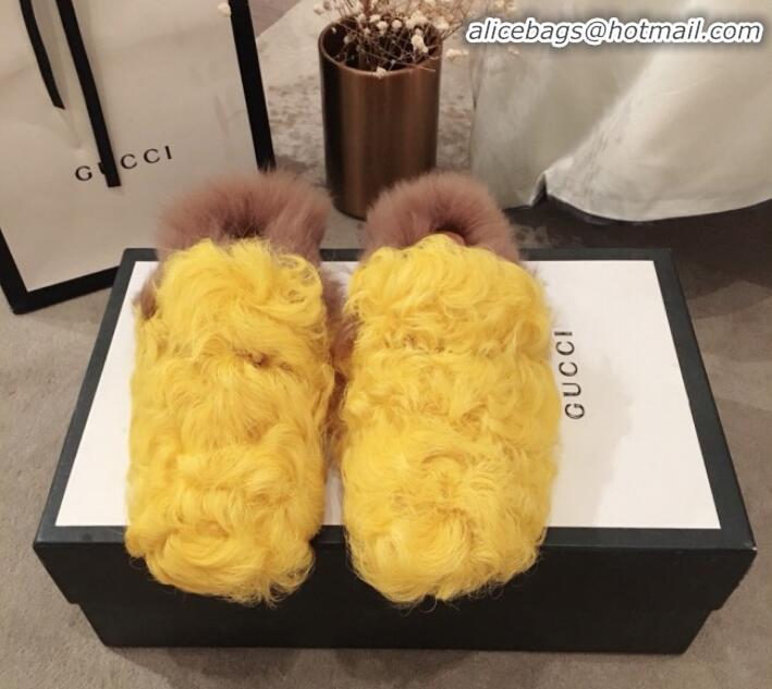 Purchase Gucci Curly Wool Fur Flat Slippers G12020 Yellow