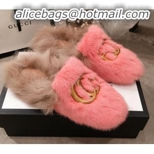 Cute Gucci GG Wool Fur Flat Slippers G12022 Pink