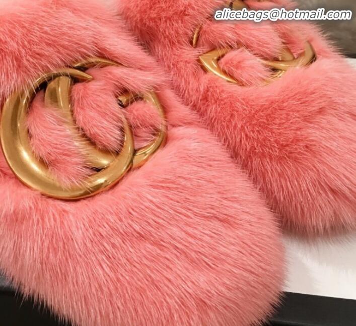 Cute Gucci GG Wool Fur Flat Slippers G12022 Pink