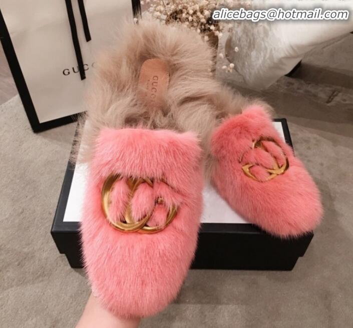 Cute Gucci GG Wool Fur Flat Slippers G12022 Pink