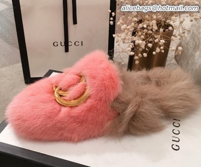 Cute Gucci GG Wool Fur Flat Slippers G12022 Pink