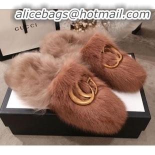 Top Grade Gucci GG Wool Fur Flat Slippers G12022 Brown