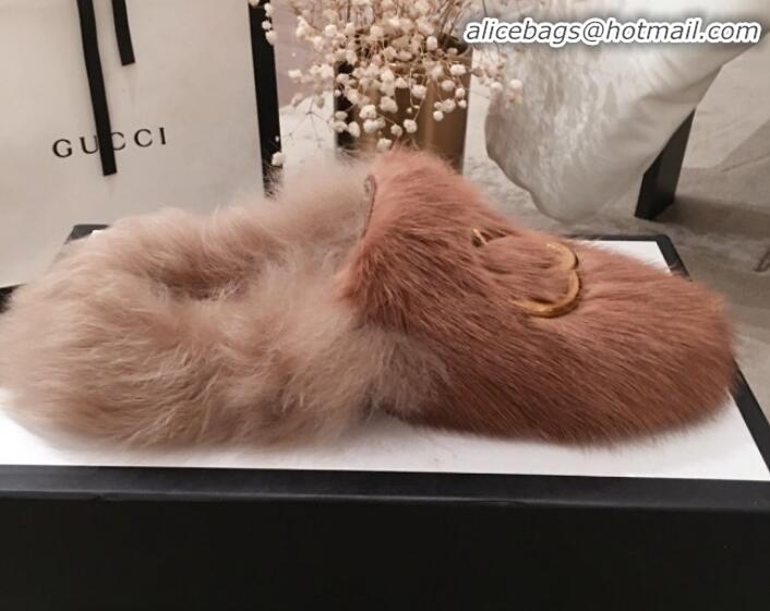 Top Grade Gucci GG Wool Fur Flat Slippers G12022 Brown