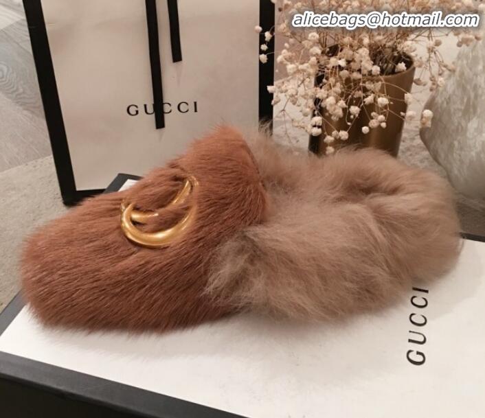 Top Grade Gucci GG Wool Fur Flat Slippers G12022 Brown