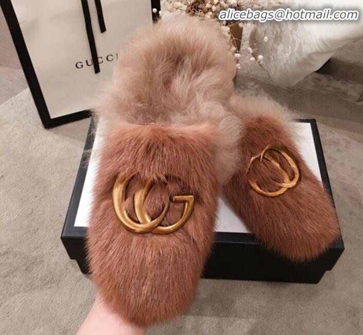 Top Grade Gucci GG Wool Fur Flat Slippers G12022 Brown