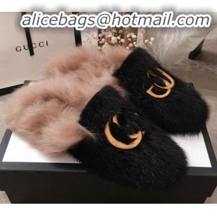 Charming Gucci GG Wool Fur Flat Slippers G12022 Black 