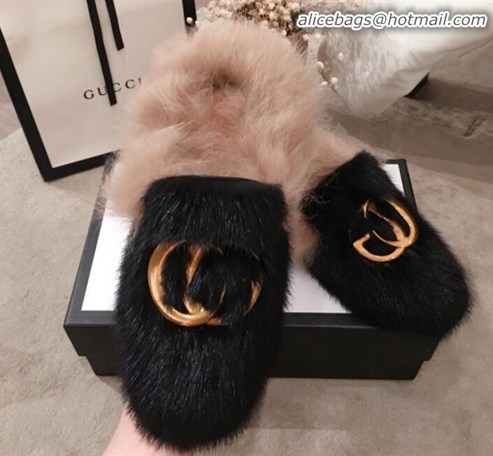 Charming Gucci GG Wool Fur Flat Slippers G12022 Black 