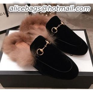 Discount Design Gucci Horsebit Velvet Fur Flat Slippers G12022 Black 