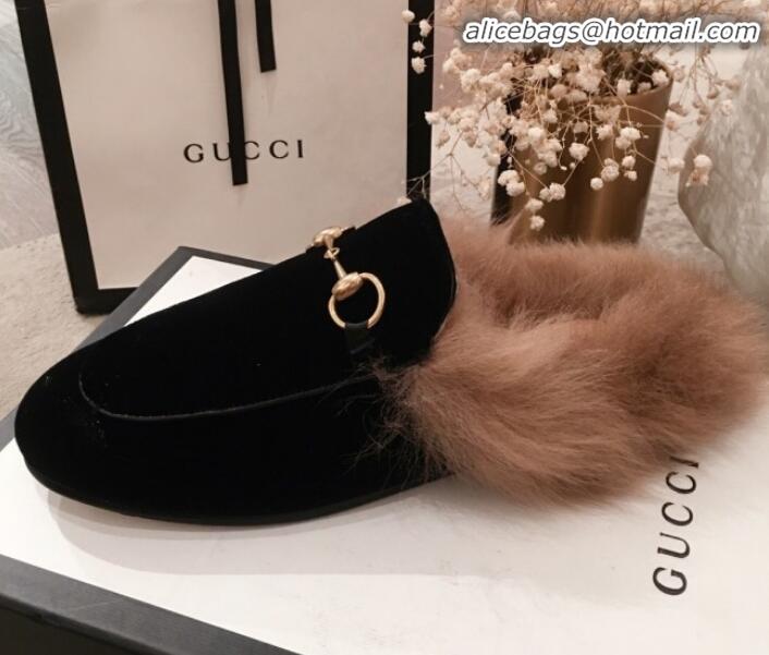 Discount Design Gucci Horsebit Velvet Fur Flat Slippers G12022 Black 