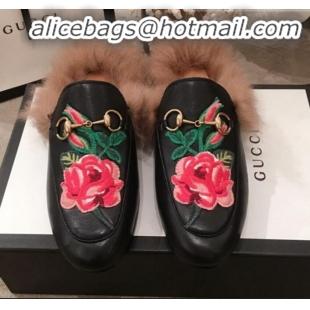 Lower Price Gucci Princetown Flower Embroidered Leather Fur Slippers G12022 Black