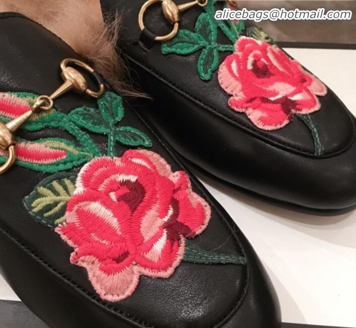 Lower Price Gucci Princetown Flower Embroidered Leather Fur Slippers G12022 Black