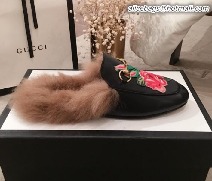 Lower Price Gucci Princetown Flower Embroidered Leather Fur Slippers G12022 Black