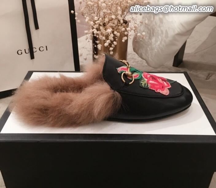 Lower Price Gucci Princetown Flower Embroidered Leather Fur Slippers G12022 Black