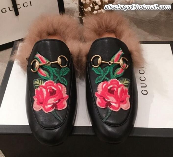 Lower Price Gucci Princetown Flower Embroidered Leather Fur Slippers G12022 Black