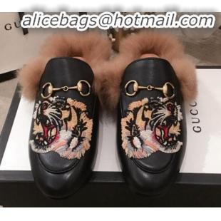 Classic Gucci Princetown Tiger Embroidered Leather Fur Slippers G12022 Black 