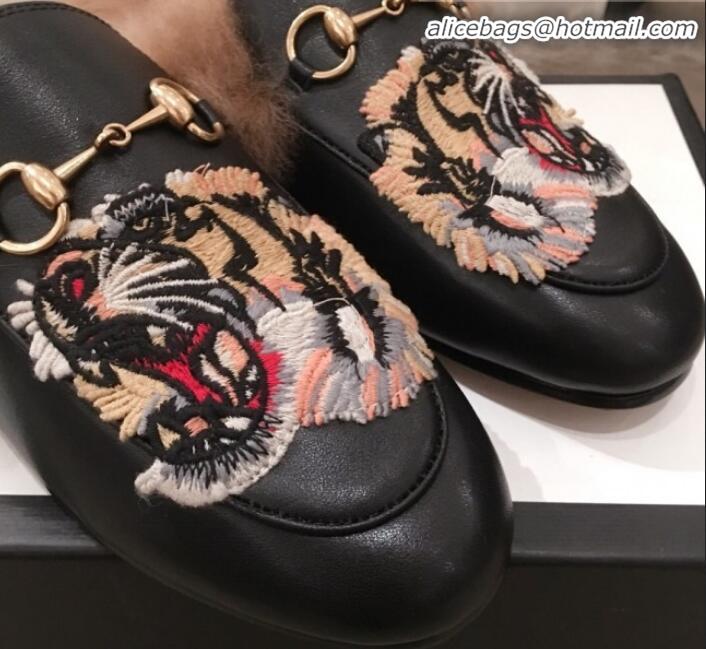 Classic Gucci Princetown Tiger Embroidered Leather Fur Slippers G12022 Black 