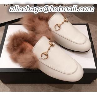 Low Cost Gucci Princetown Horsebit Leather Fur Slippers G12022 White