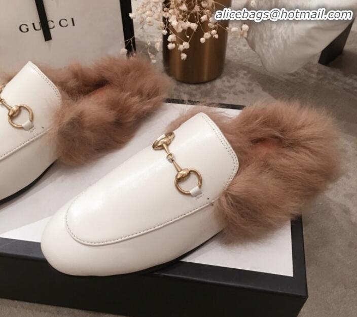 Low Cost Gucci Princetown Horsebit Leather Fur Slippers G12022 White