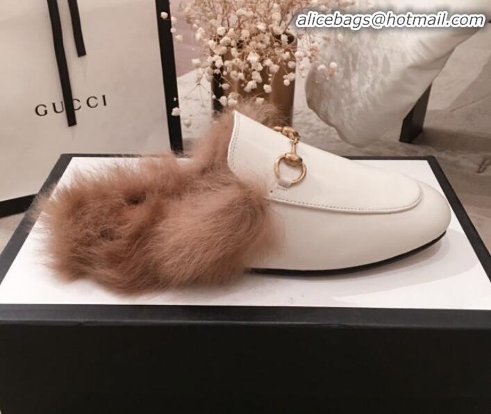 Low Cost Gucci Princetown Horsebit Leather Fur Slippers G12022 White