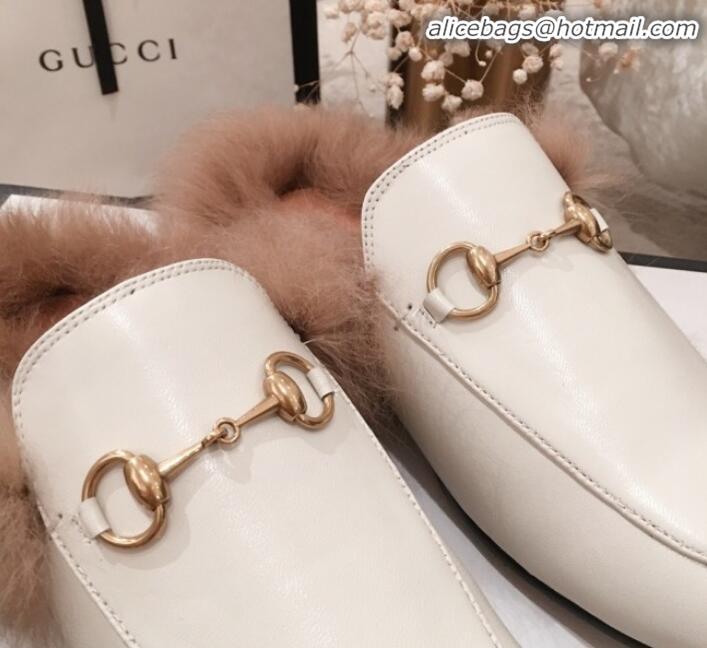 Low Cost Gucci Princetown Horsebit Leather Fur Slippers G12022 White