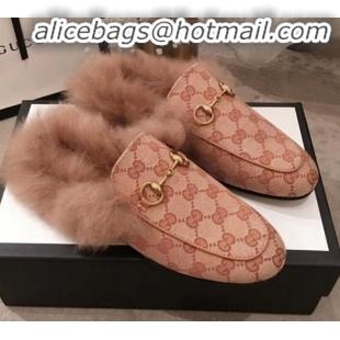 Fashionable Gucci Princetown Horsebit Leather Fur Slippers G12022 Beige