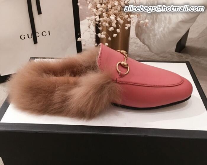 Unique Style Gucci Princetown Horsebit Leather Fur Slippers G12022 Pink