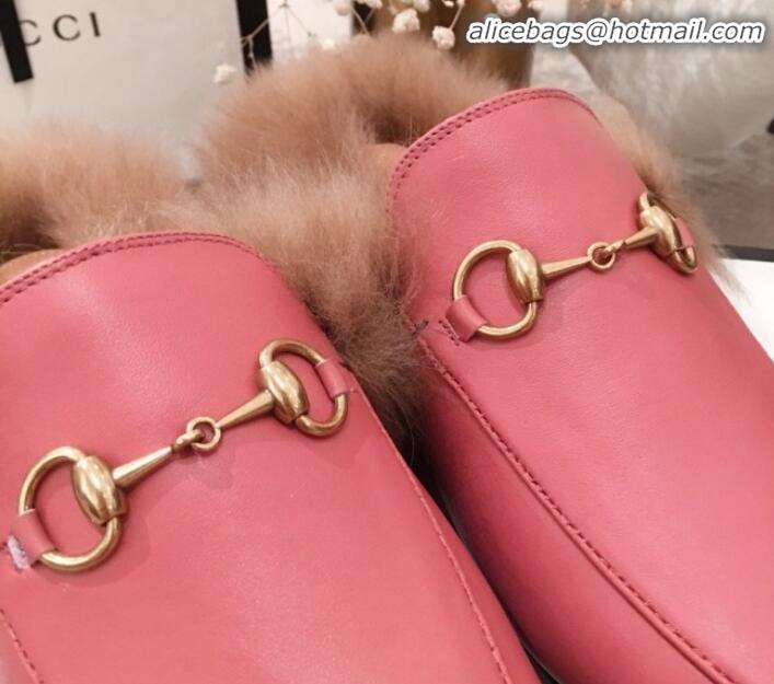 Unique Style Gucci Princetown Horsebit Leather Fur Slippers G12022 Pink