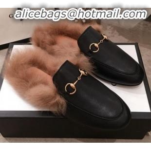 Top Quality Gucci Princetown Horsebit Leather Fur Slippers G12022 Black