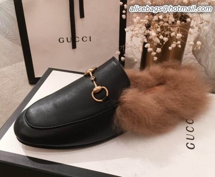 Top Quality Gucci Princetown Horsebit Leather Fur Slippers G12022 Black