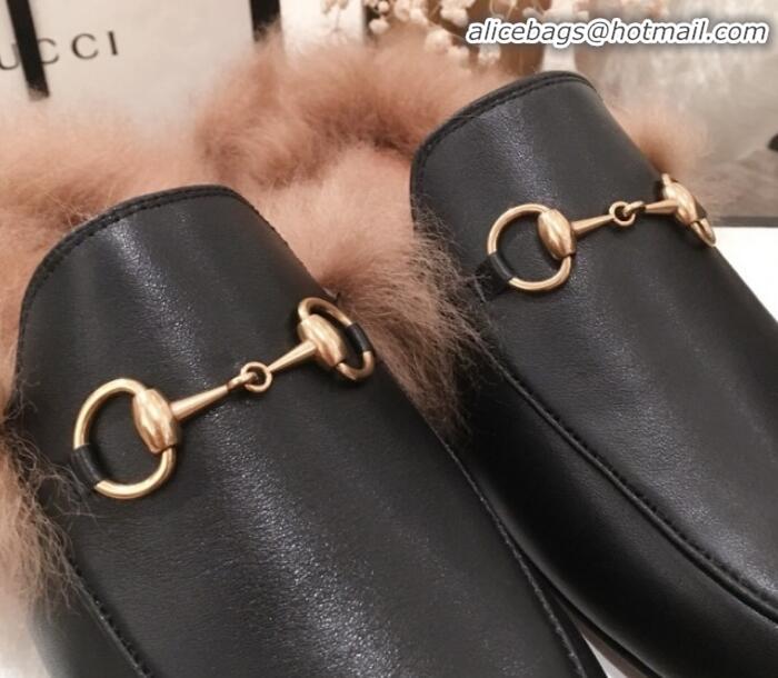 Top Quality Gucci Princetown Horsebit Leather Fur Slippers G12022 Black