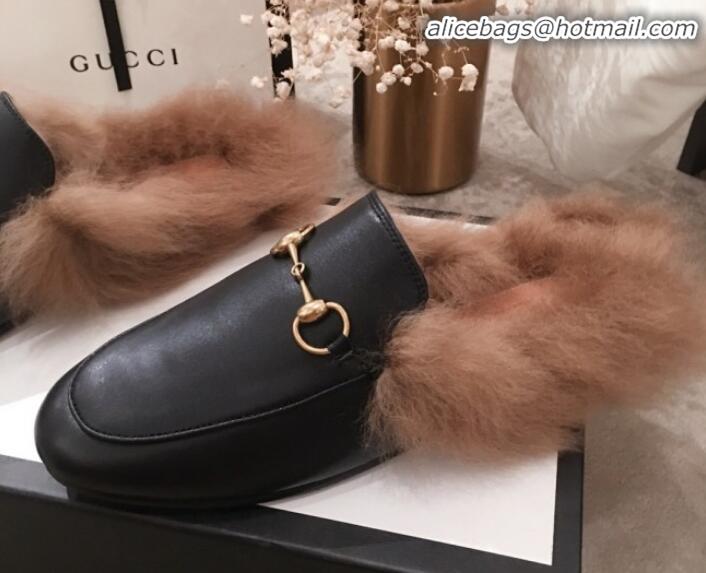 Top Quality Gucci Princetown Horsebit Leather Fur Slippers G12022 Black