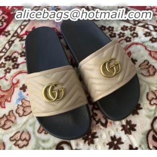 Luxury Gucci GG Marmont Leather Flat Slide Sandals G20308 Nude 2019