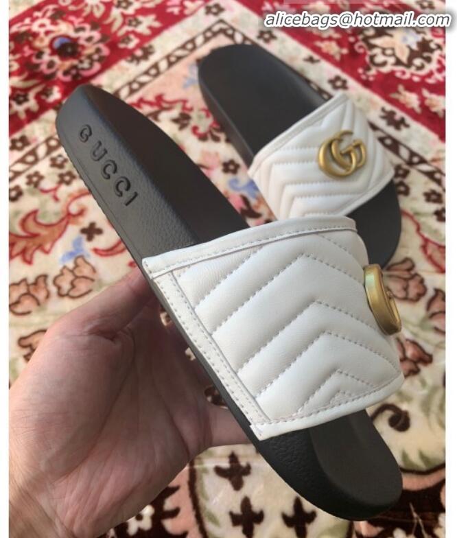 New Style Gucci GG Marmont Leather Flat Slide Sandals G20308 White 2020