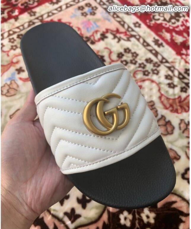 New Style Gucci GG Marmont Leather Flat Slide Sandals G20308 White 2020