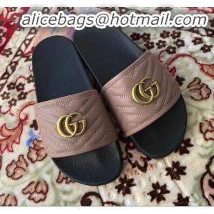 Luxurious Gucci GG Marmont Leather Flat Slide Sandals G20308 Dusty Pink 2020