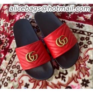 Good Quality Gucci GG Marmont Leather Flat Slide Sandals G20308 Red 2020