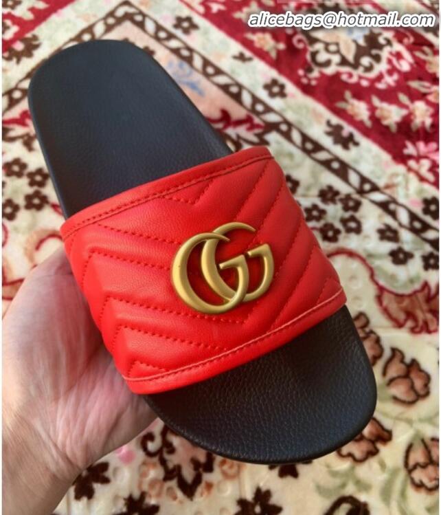 Good Quality Gucci GG Marmont Leather Flat Slide Sandals G20308 Red 2020