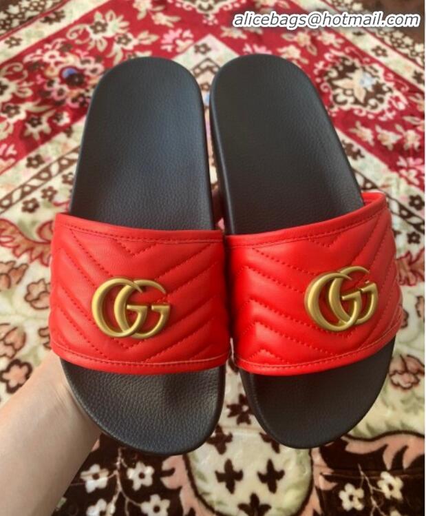 Good Quality Gucci GG Marmont Leather Flat Slide Sandals G20308 Red 2020